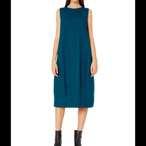 EILEEN FISHER BLUE SLEEVELESS BOILED WOOL LANTERN MIDI DRESS - Picture 1 of 6